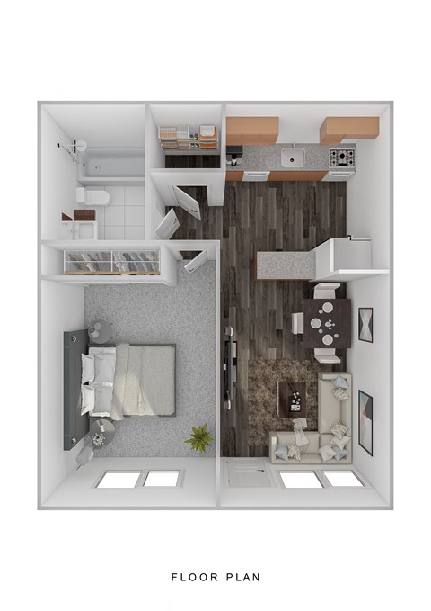 a stylized floor plan of a 1 bedroom apartment